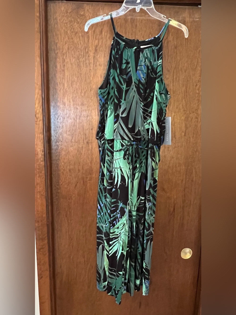 London Times Size 14 Tropical Print Sleeveless Jumpsuit in Green/Black/Blue
